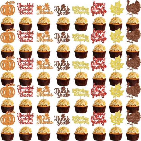 40-Pack Friendsgiving & Thanksgiving Cupcake Toppers – “Give Thanks” Fall-Themed Decorations with 8 Designs for Cupcakes, Cakes & Party Displays
